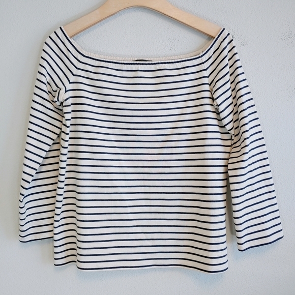 Theory Women's Aprine K_Classic Stripe Knit Top Off Shoulder Contemporary Sz M - Picture 2 of 9